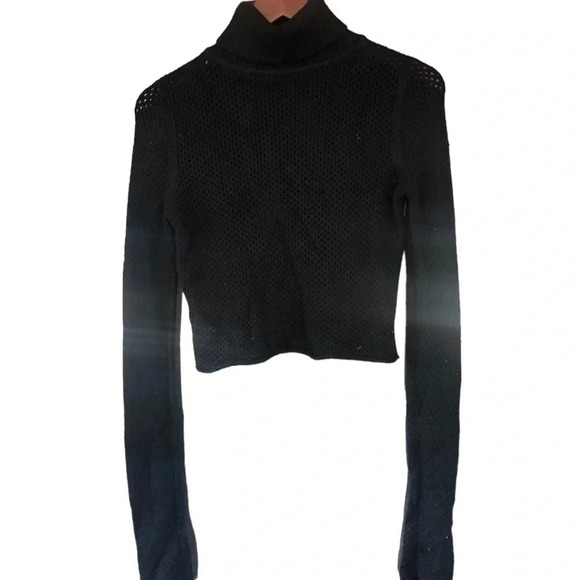 90s style Black mesh knit turtle neck cropped sweater casual chic basic timeless - Picture 1 of 4